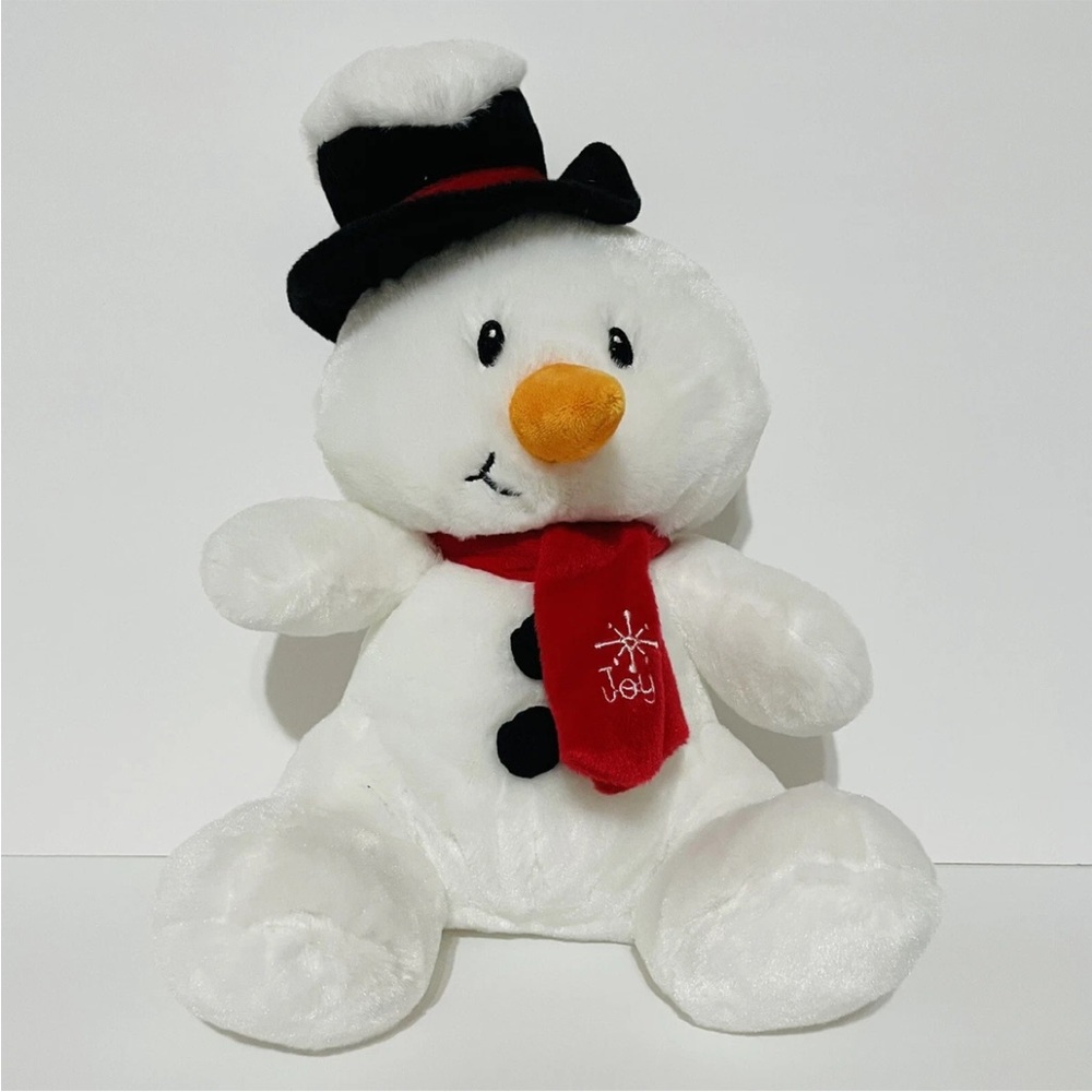 American Greetings Plush White Sitting Snowman With Black Hat And Red Scarf.